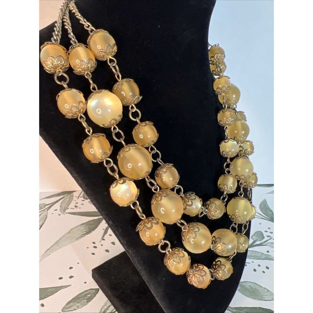 Vintage Butterscotch Lucite Beaded Necklace Multi Strand Filigree Caps Bib 1950s - Picture 3 of 8